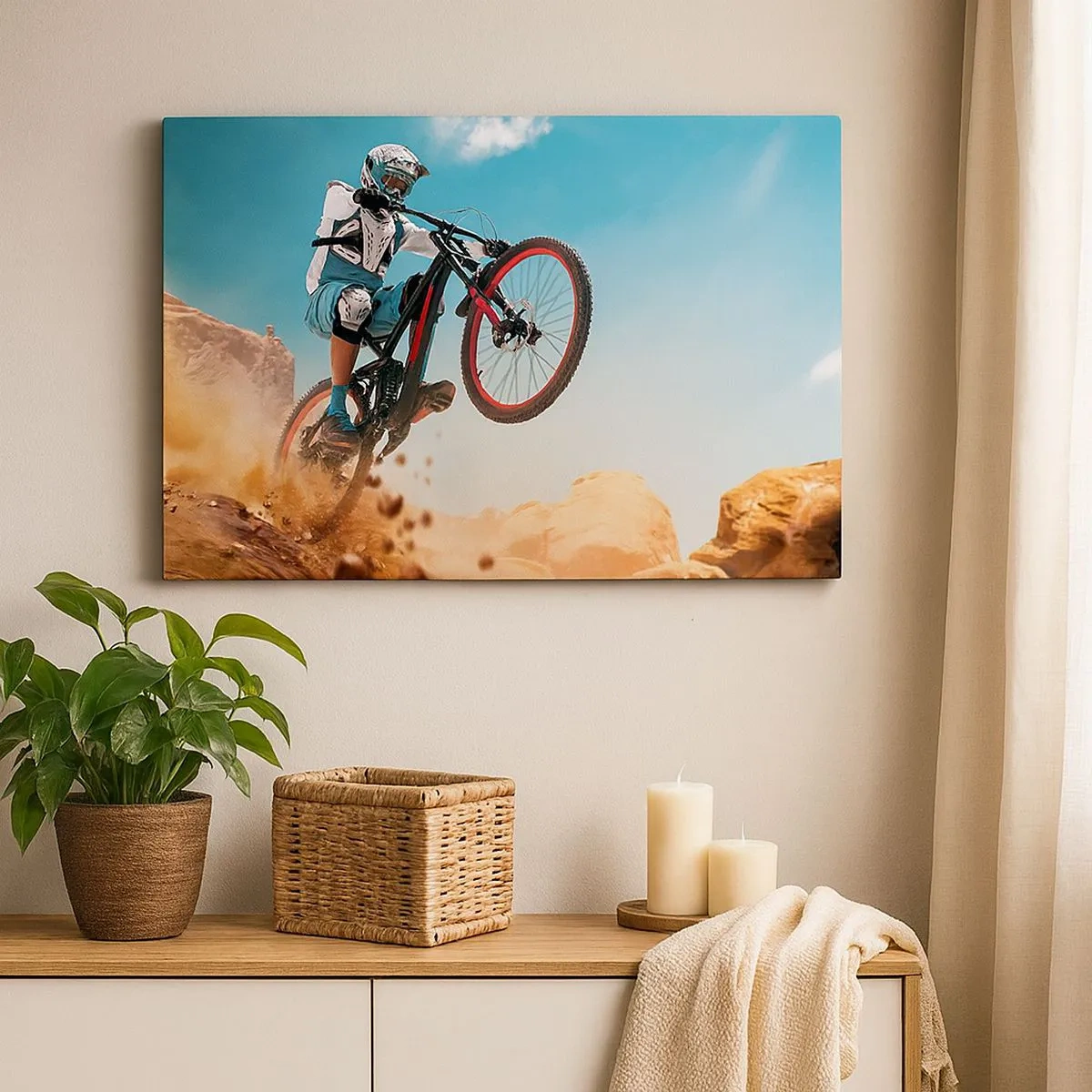 Impression sur toile - Image sur toile - Un vététiste effectue un saut sur fond de rochers - 70x50cm - Démon de la folie du vélo - Décoration murale moderne pour le salon et la chambre ARTTOR