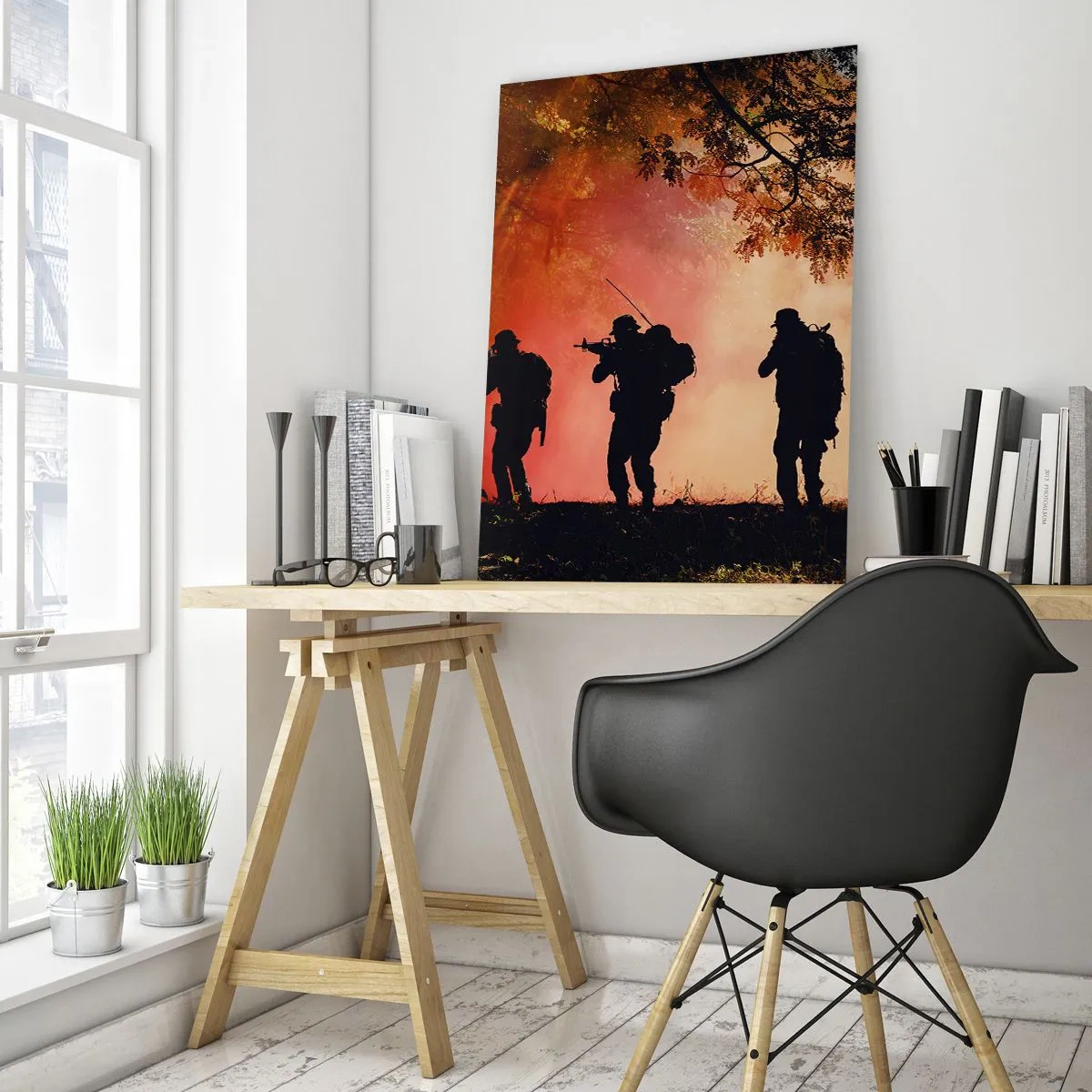 Impression sur verre - Image sur verre - Un groupe de soldats marchant sur fond de forêt en feu. - 50x70cm - … Tous pour un. - Décoration murale moderne pour le salon et la chambre ARTTOR