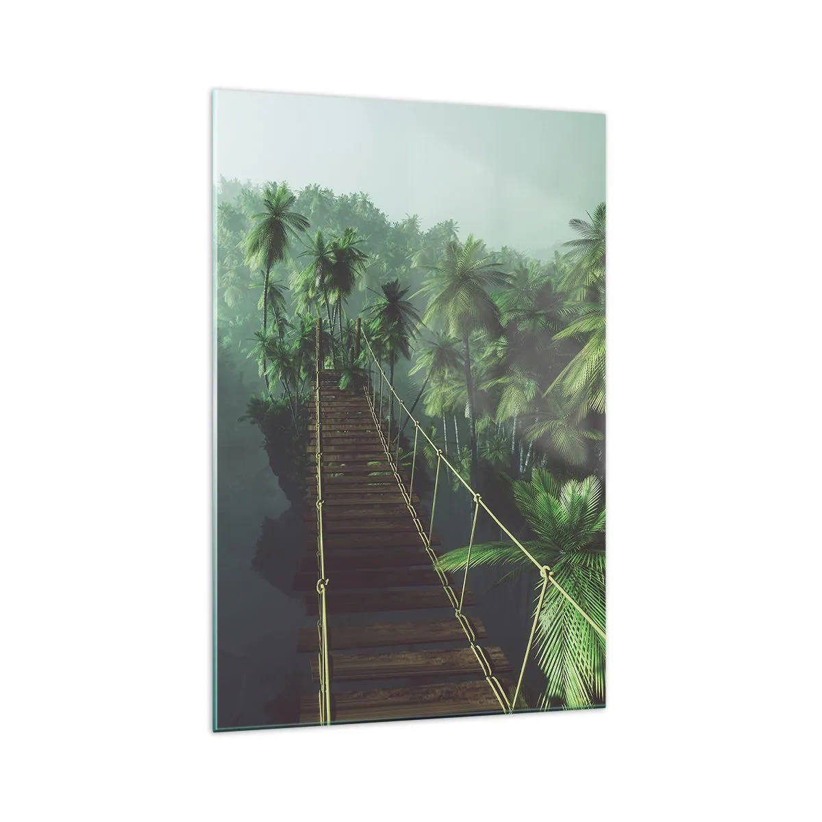 Impression sur verre - Image sur verre - Un pont suspendu dans une forêt tropicale entourée de brouillard. - 70x100cm - Au fil de la verdure - Décoration murale moderne pour le salon et la chambre ARTTOR