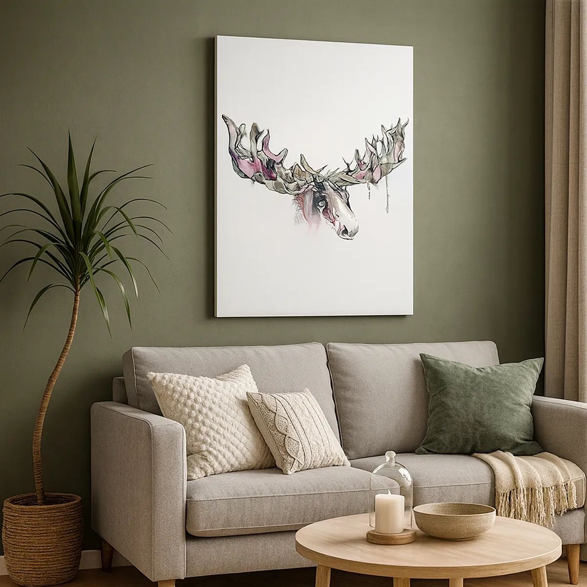 Impression sur toile - Image sur toile - Aquarelle artistique d'un élan aux bois riches - 50x70cm - Couronne du roi de la forêt - Décoration murale moderne pour le salon et la chambre ARTTOR