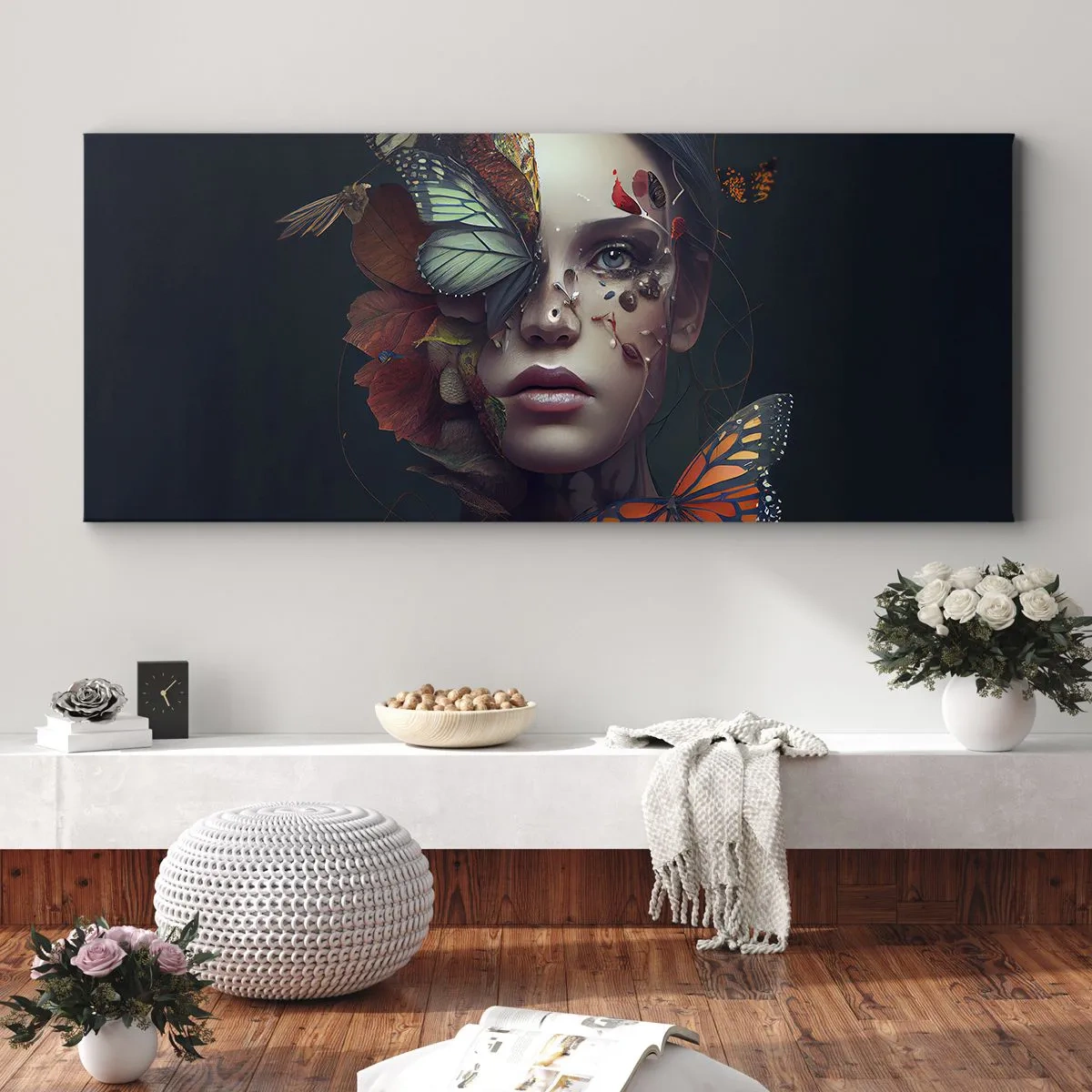Impression sur toile - Image sur toile - Portrait d'une femme avec des papillons et des éléments végétaux - 120x50cm - Une merveilleuse métamorphose - Décoration murale moderne pour le salon et la chambre ARTTOR