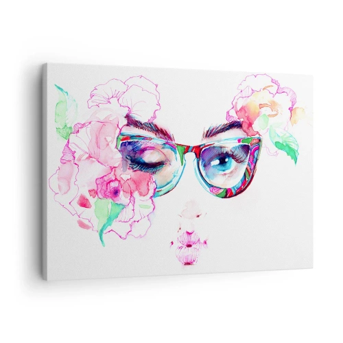 Impression sur toile - Image sur toile - Visage aquarelle avec des lunettes colorées et des fleurs - 70x50cm - Une promesse tentante - Décoration murale moderne pour le salon et la chambre ARTTOR