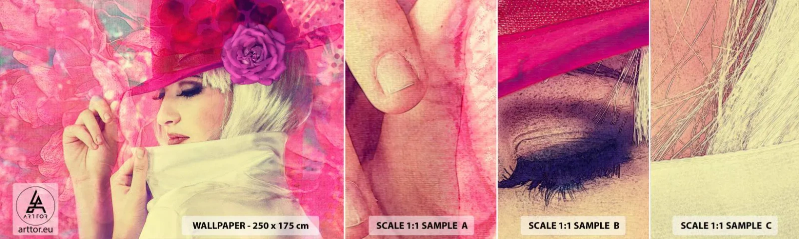 Échantillon De Papier Peint Standard Eco - Portrait rétro dans une brume rose - Femme au chapeau, Fleurs, Mode - 100x30 cm
