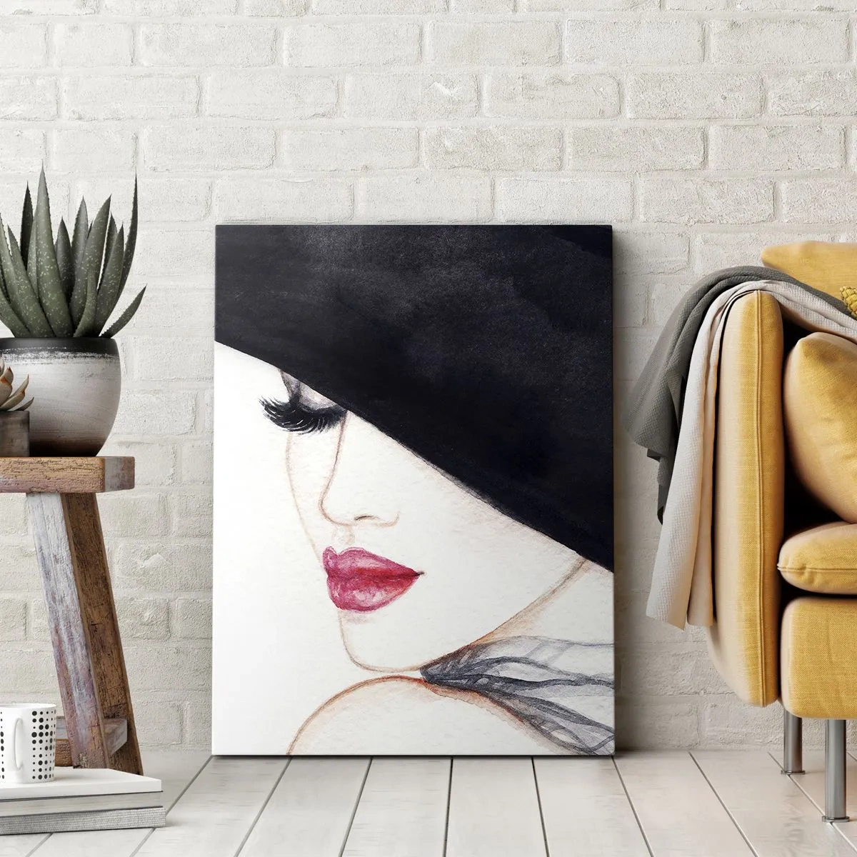 Impression sur toile - Image sur toile - Une illustration subtile d'une femme portant un chapeau noir et des lèvres rouges - 80x120cm - Élégance et sensualité - Décoration murale moderne pour le salon et la chambre ARTTOR