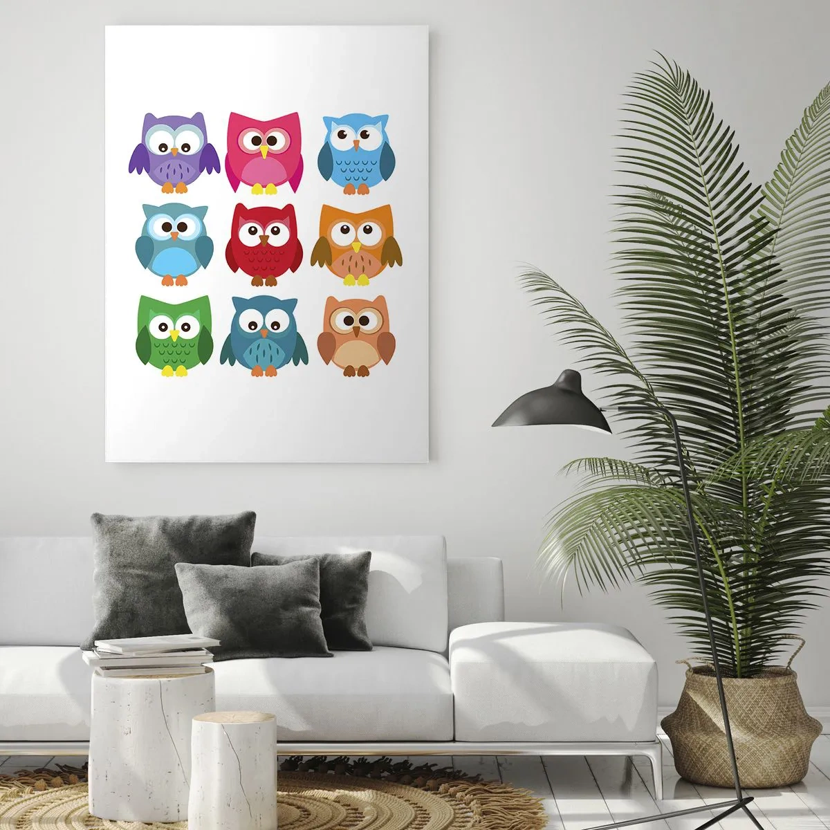 Impression sur verre - Image sur verre - Illustrations colorées de hiboux dans un style enfantin - 70x100cm - C'est amusant d'être différent - Décoration murale moderne pour le salon et la chambre ARTTOR