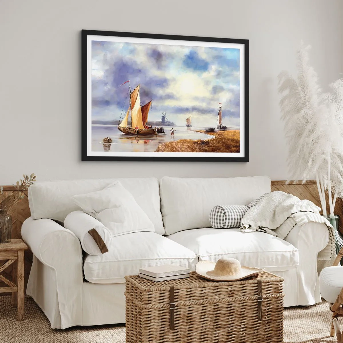 Affiche dans un cadre noir - Poster - Voiliers sur une eau calme avec des moulins à vent en arrière-plan - 70x50cm - Retour de marin - Décoration murale moderne pour le salon et la chambre ARTTOR