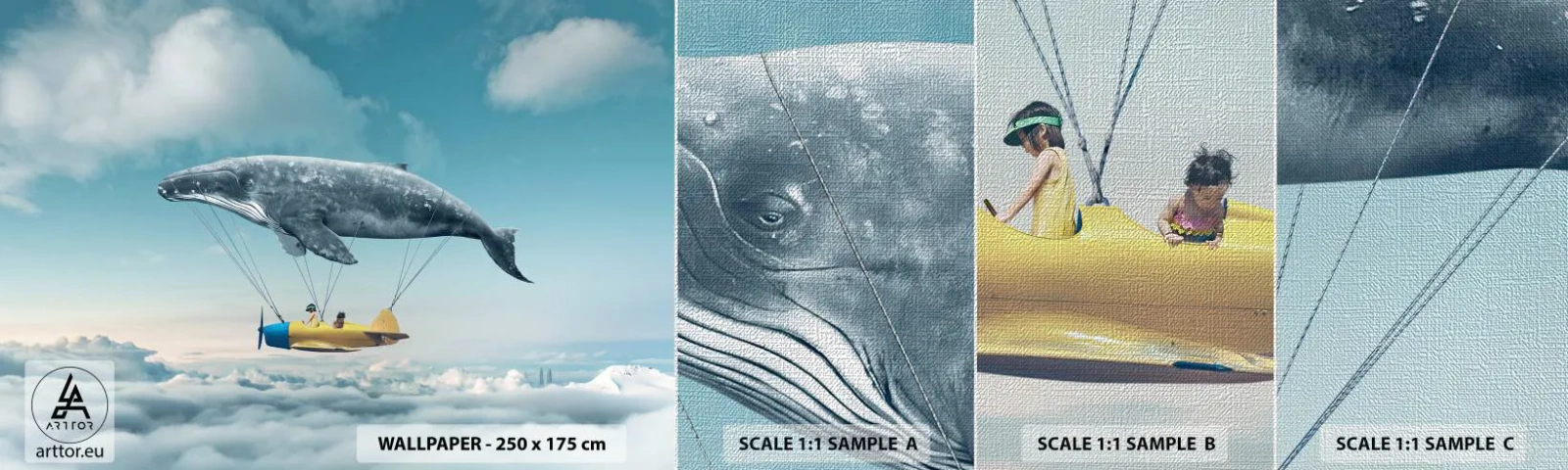 Échantillon de Papier Peint Premium Canvas - Pourquoi pas? - Baleine, Enfants, Avion - 100x30 cm