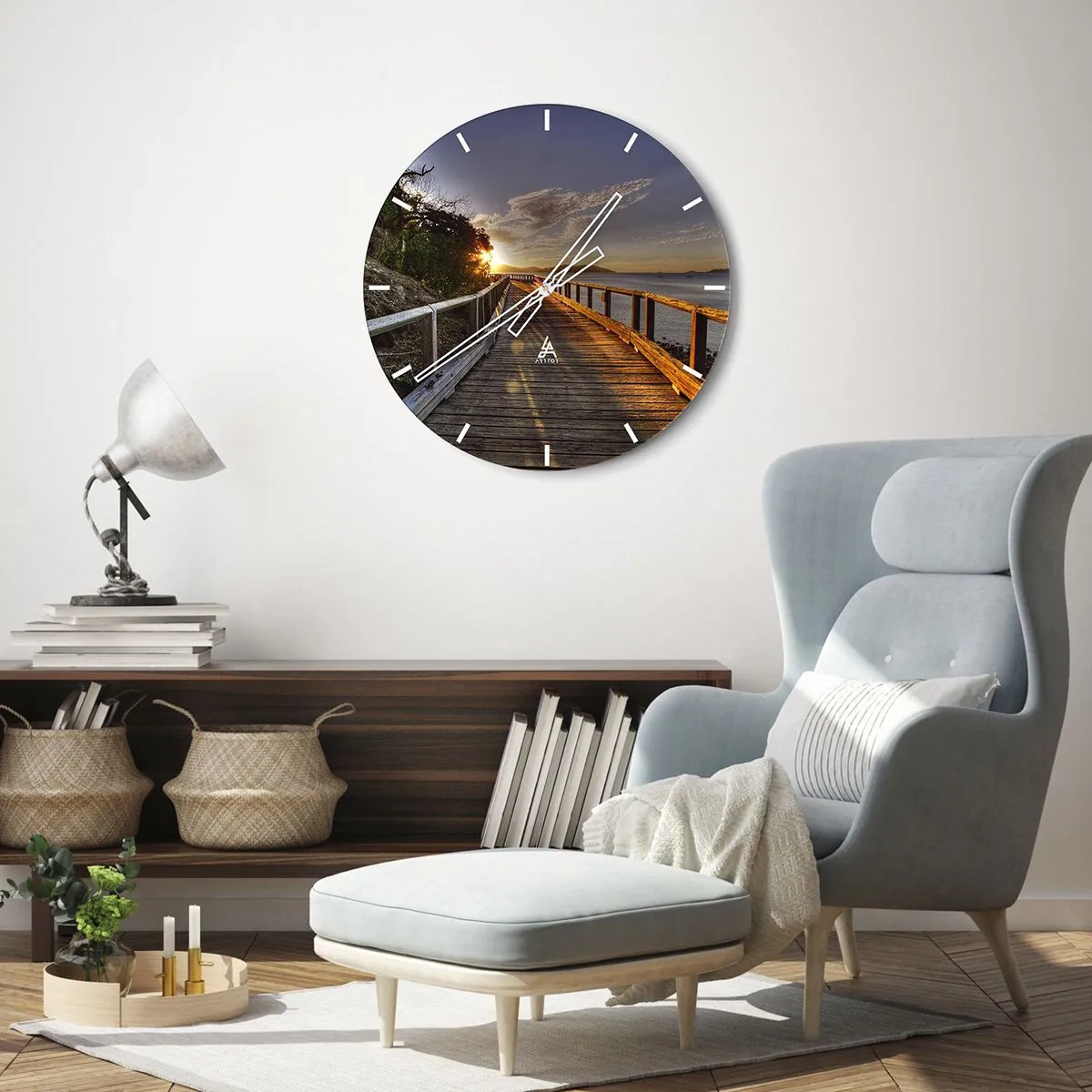 Horloge murale - Pendule murale - Une jetée sur l'eau au coucher du soleil - 30x30cm - Aller, aller tout le temps en direction du soleil - Décoration murale moderne pour le salon, la cuisine et la chambre ARTTOR