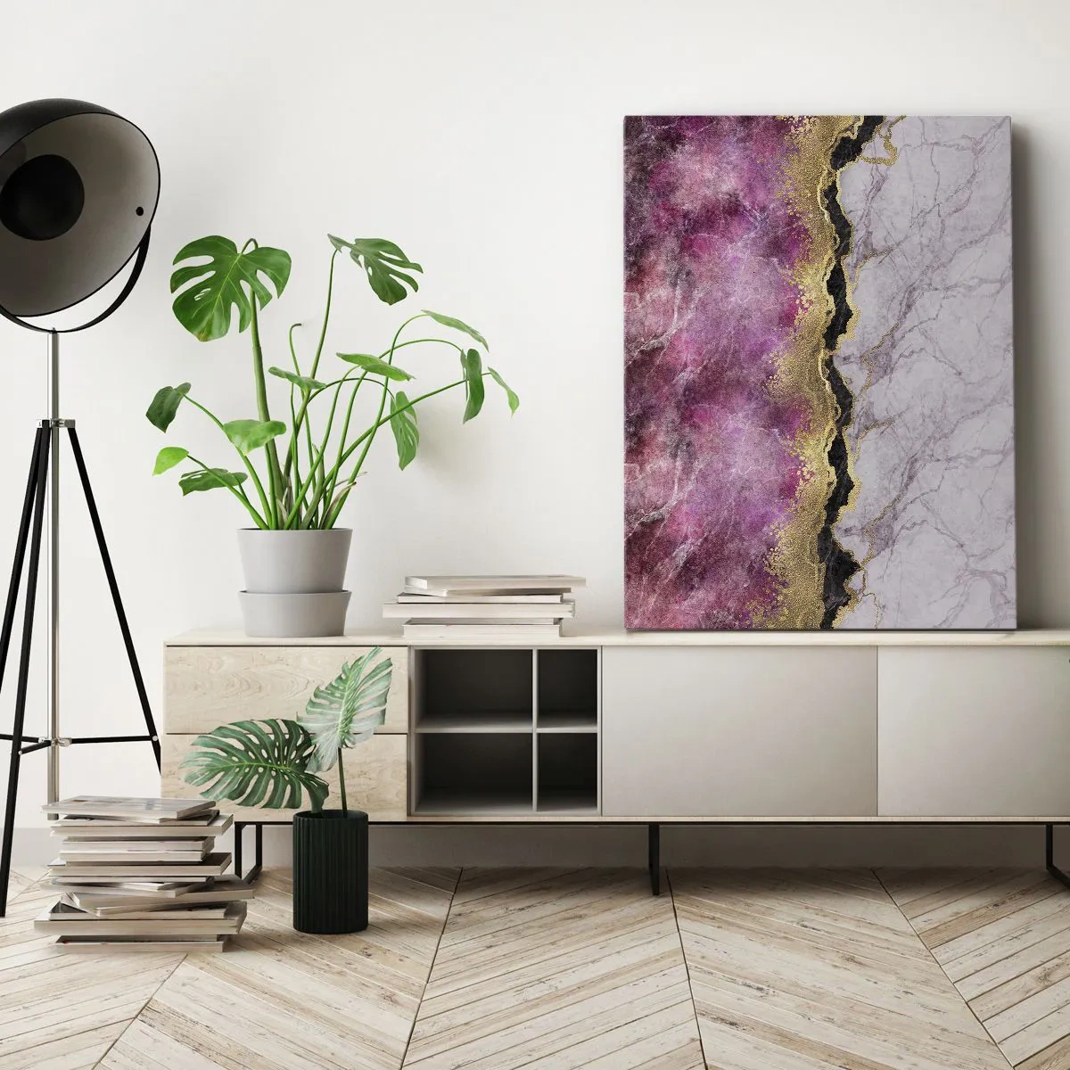 Impression sur toile - Image sur toile - Marbre abstrait dans des tons de rose avec des accents dorés - 80x120cm - À la frontière - Décoration murale moderne pour le salon et la chambre ARTTOR
