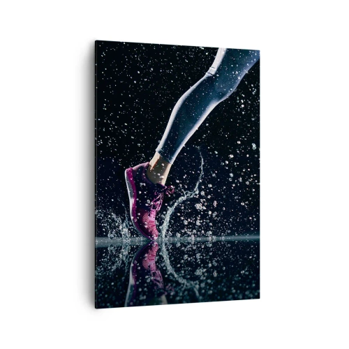 Impression sur toile - Image sur toile - Une prise de vue dynamique d'une course sous la pluie sur fond noir - 70x100cm - Combien de force dans les jambes - Décoration murale moderne pour le salon et la chambre ARTTOR