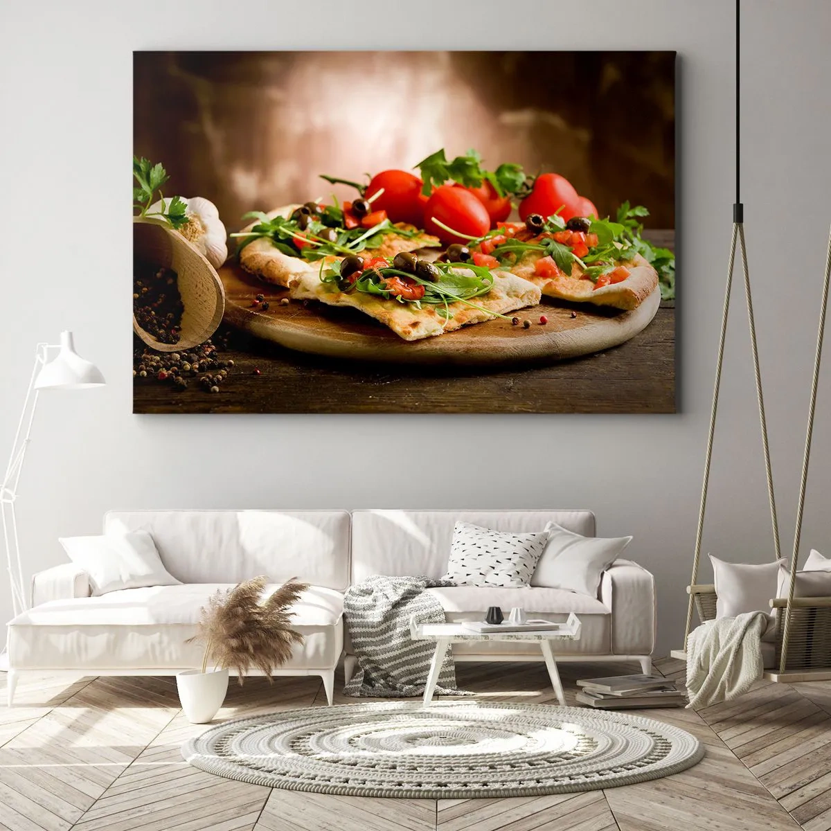 Impression sur toile - Image sur toile - Pizza aux légumes sur une planche en bois dans un style rustique - 70x50cm - Directement du four et du jardin - Décoration murale moderne pour le salon et la chambre ARTTOR