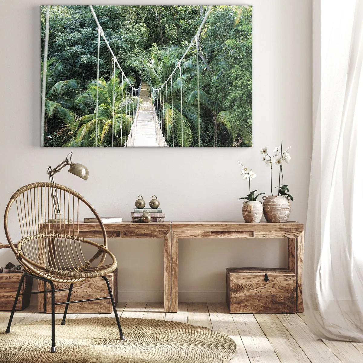 Impression sur toile - Image sur toile - Un pont suspendu dans une jungle tropicale pleine de verdure - 100x70cm - Welcome to the jungle! - Décoration murale moderne pour le salon et la chambre ARTTOR