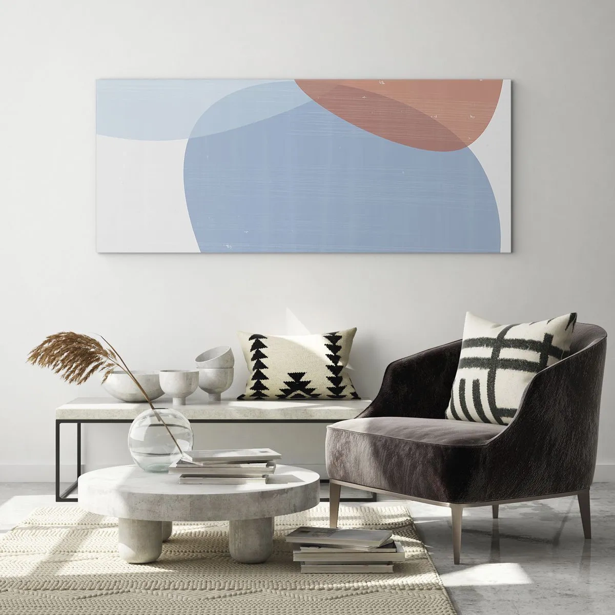 Impression sur verre - Image sur verre - Une composition abstraite dans des tons pastel de bleu et de rose avec des formes organiques. - 140x50cm - Relations pastel - Décoration murale moderne pour le salon et la chambre ARTTOR