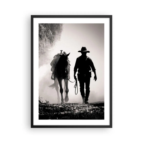 Affiche dans un cadre noir - Poster - Silhouette d'un cow-boy avec son cheval dans le brouillard matinal - 50x70cm - Matinée texane - Décoration murale moderne pour le salon et la chambre ARTTOR
