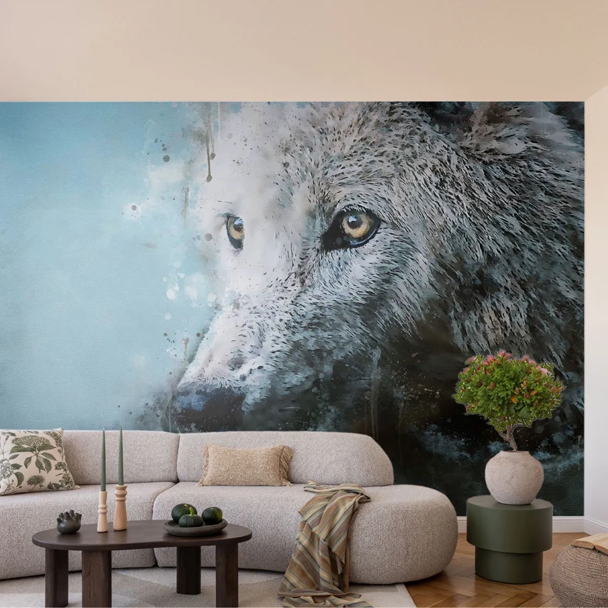 Papier Peint Photo Premium Sand - Portrait à l'aquarelle d'un loup sur fond bleu - 100x70cm - Rencontrez l'âme du loup - Décoration murale moderne pour le salon et la chambre ARTTOR