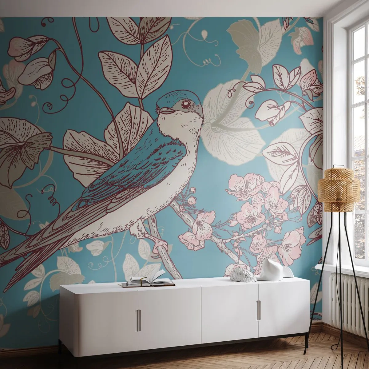 Papier Peint Photo Premium Sand - Oiseau stylisé parmi des fleurs sur fond bleu - 100x70cm - Dans le bois blanc du rouge et de l'argent - Décoration murale moderne pour le salon et la chambre ARTTOR