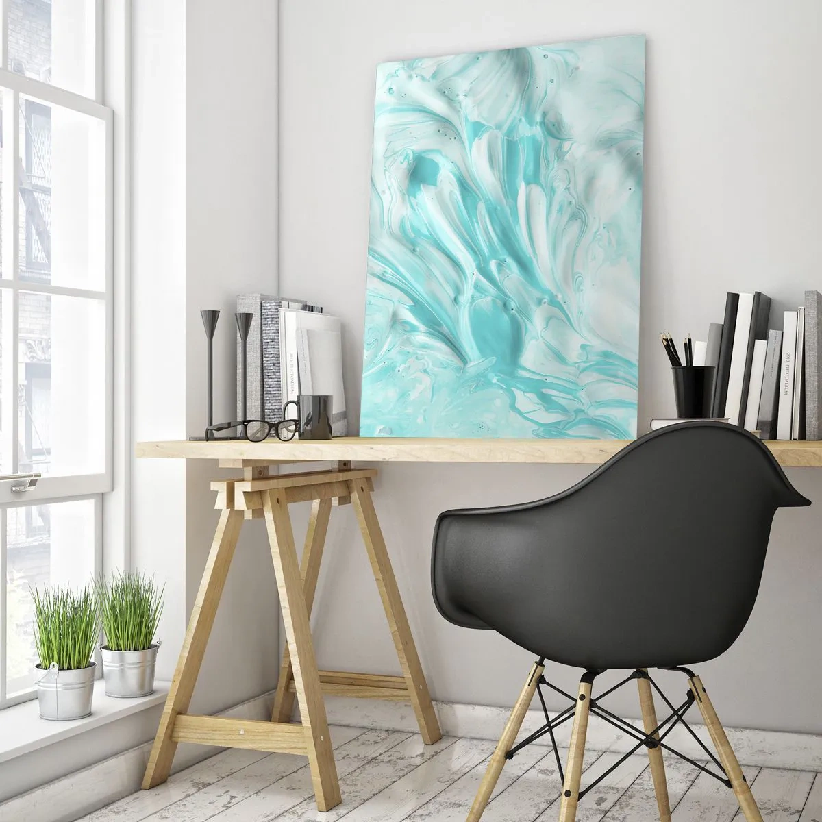 Impression sur verre - Image sur verre - Un motif abstrait dans des tons pastel de bleu et de blanc. - 70x100cm - Ensemble pour toujours - Décoration murale moderne pour le salon et la chambre ARTTOR