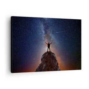 Impression sur toile - Image sur toile - Une silhouette au sommet d'une montagne sous un ciel étoilé - 70x50cm - Le force est avec moi! - Décoration murale moderne pour le salon et la chambre ARTTOR