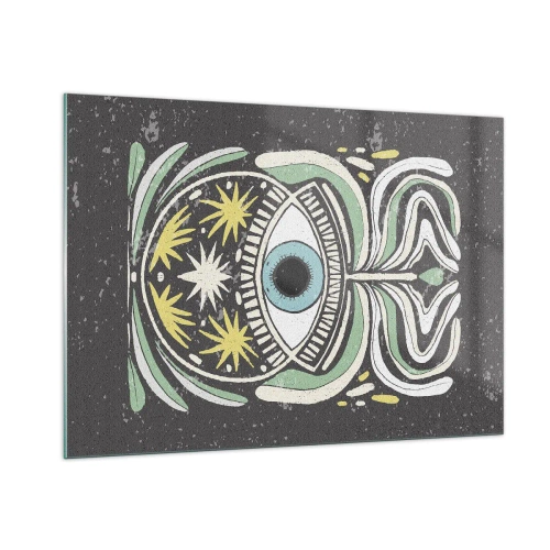 Impression sur verre - Image sur verre - Œil graphique avec ornementation tribale sur fond sombre - 100x70cm - Rituels tribaux - Décoration murale moderne pour le salon et la chambre ARTTOR