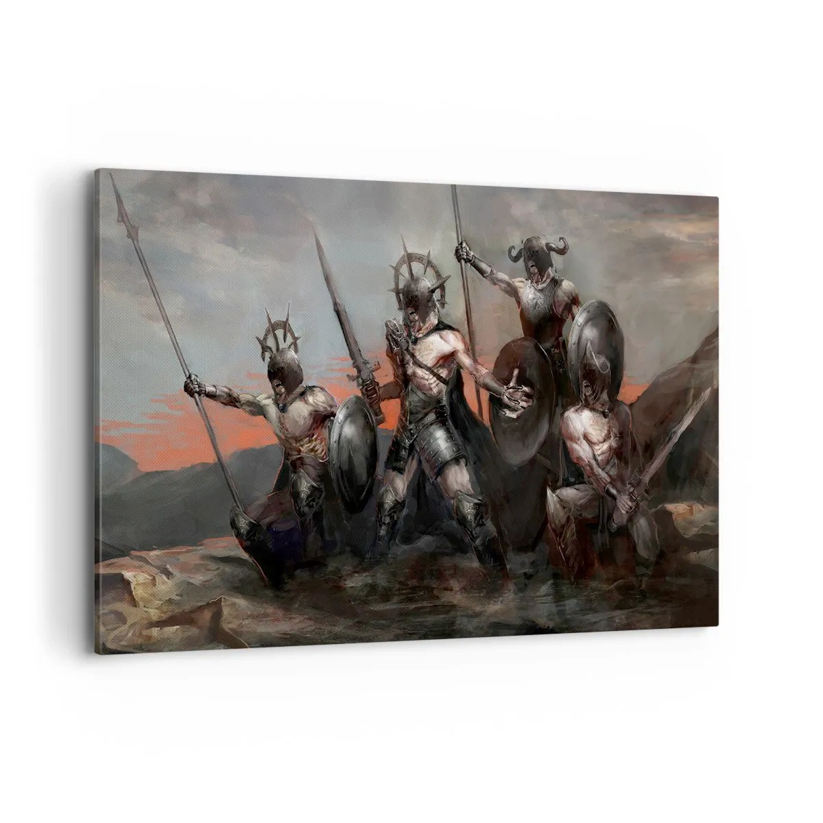 Impression sur toile - Image sur toile - Un groupe de guerriers en armure avec des lances sur fond de coucher de soleil - 120x80cm - Avec ou sur un bouclier - Décoration murale moderne pour le salon et la chambre ARTTOR