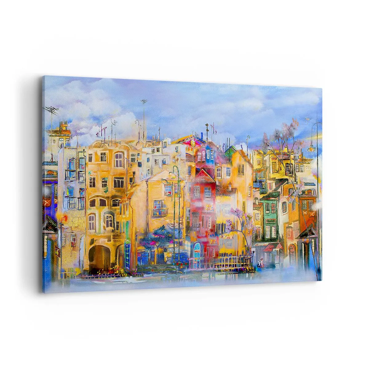 Impression sur toile - Image sur toile - Bâtiments urbains colorés dans un style artistique - 120x80cm - Nous sommes ensemble - Décoration murale moderne pour le salon et la chambre ARTTOR