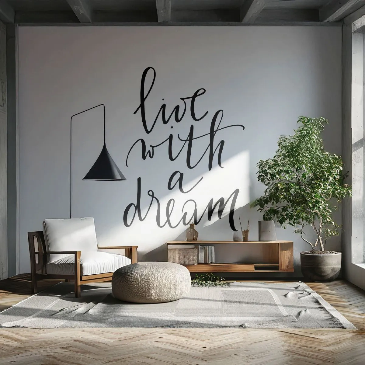 Papier Peint Photo Premium Sand - La citation « Vivre avec un rêve » en écriture noire élégante - 100x70cm - Bien sur - Décoration murale moderne pour le salon et la chambre ARTTOR