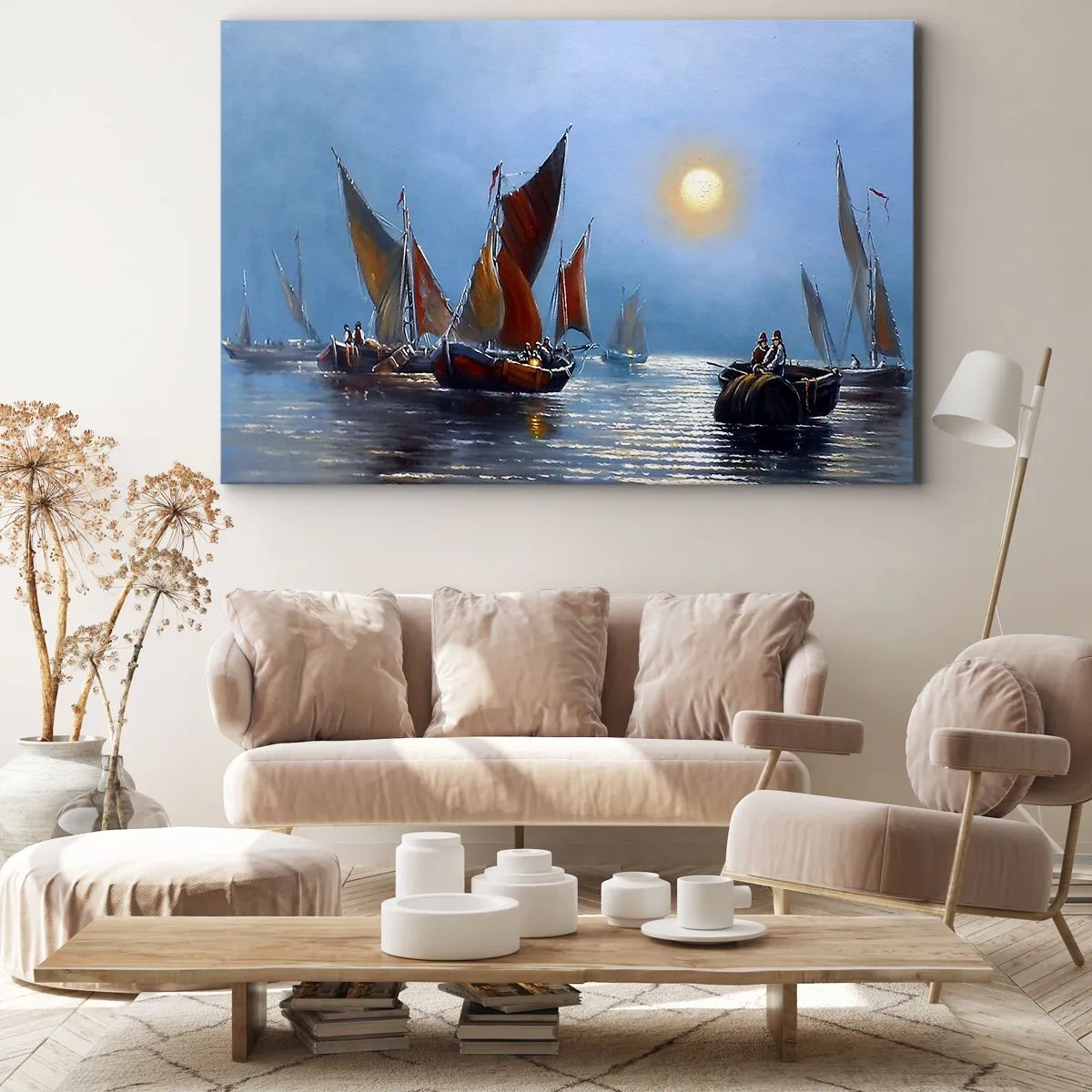 Impression sur toile - Image sur toile - Bateaux à voiles sur une eau calme au coucher du soleil - 100x70cm - Pêche de nuit - Décoration murale moderne pour le salon et la chambre ARTTOR