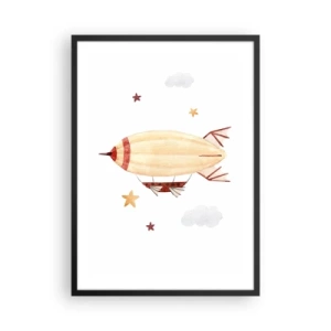 Affiche dans un cadre noir - Poster - Un dirigeable aquarelle flottant parmi les étoiles et les nuages. - 50x70cm - Dirigeable - Décoration murale moderne pour le salon et la chambre ARTTOR