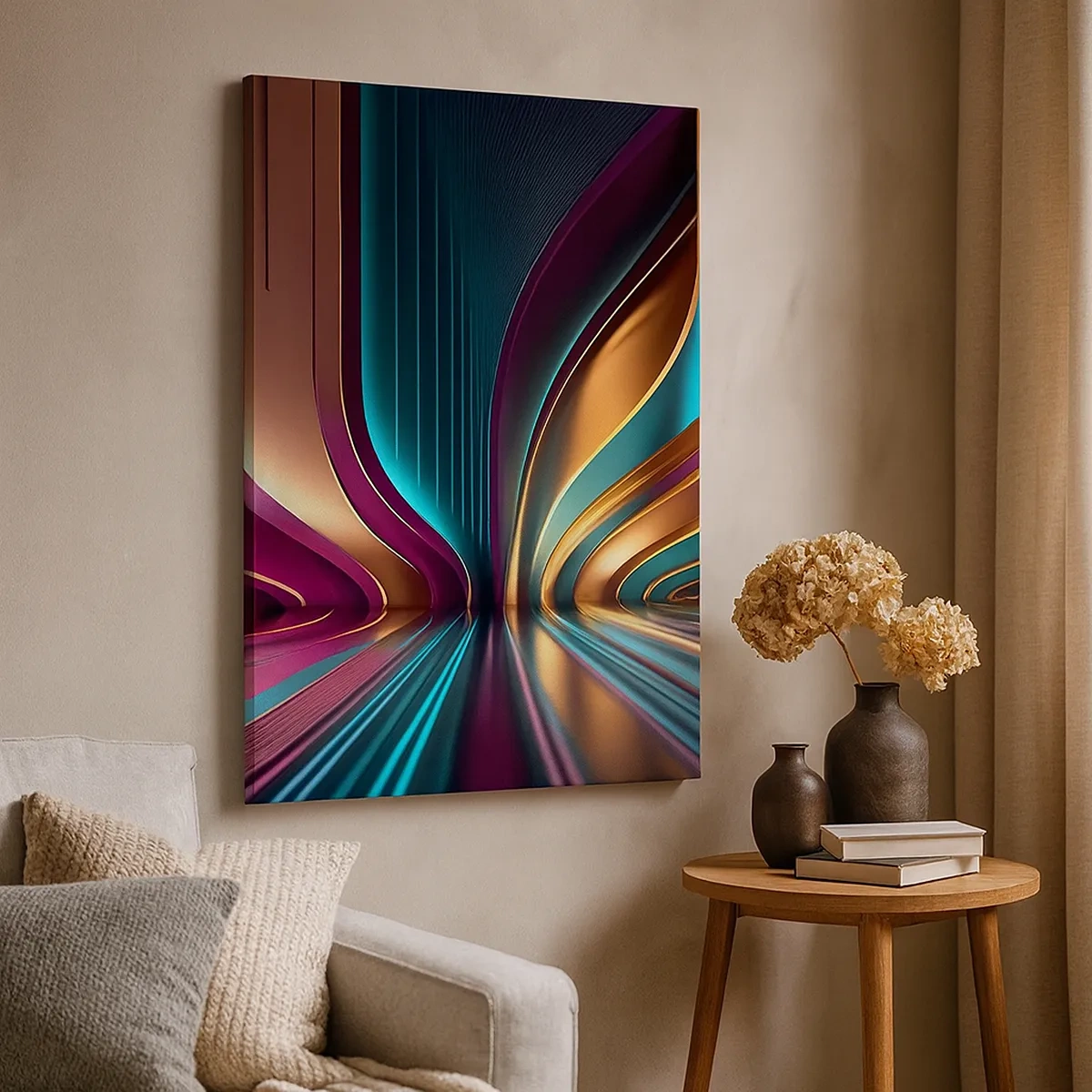 Impression sur toile - Image sur toile - Abstraction futuriste aux couleurs et courbes intenses - 50x70cm - Architektura światła - Décoration murale moderne pour le salon et la chambre ARTTOR