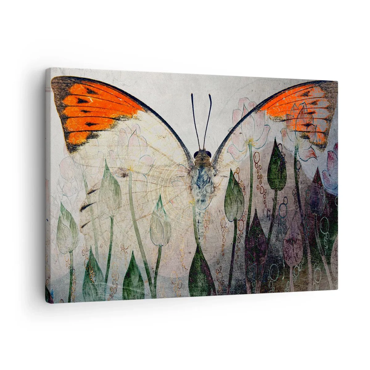 Impression sur toile - Image sur toile - Un papillon aux ailes orange sur un fond de fleurs stylisées. - 70x50cm - "Où est le papillon qui se balance sur l'herbe" - Décoration murale moderne pour le salon et la chambre ARTTOR