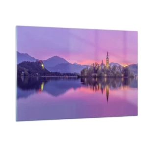 Impression sur verre - Image sur verre - Une église sur une île avec des montagnes et un coucher de soleil en arrière-plan - 120x80cm - Une île de conte de fées au crépuscule - Décoration murale moderne pour le salon et la chambre ARTTOR