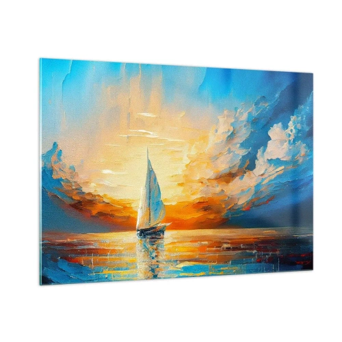 Impression sur verre - Image sur verre - Un voilier en mer à la lumière du soleil couchant - 100x70cm - Expédition en or - Décoration murale moderne pour le salon et la chambre ARTTOR