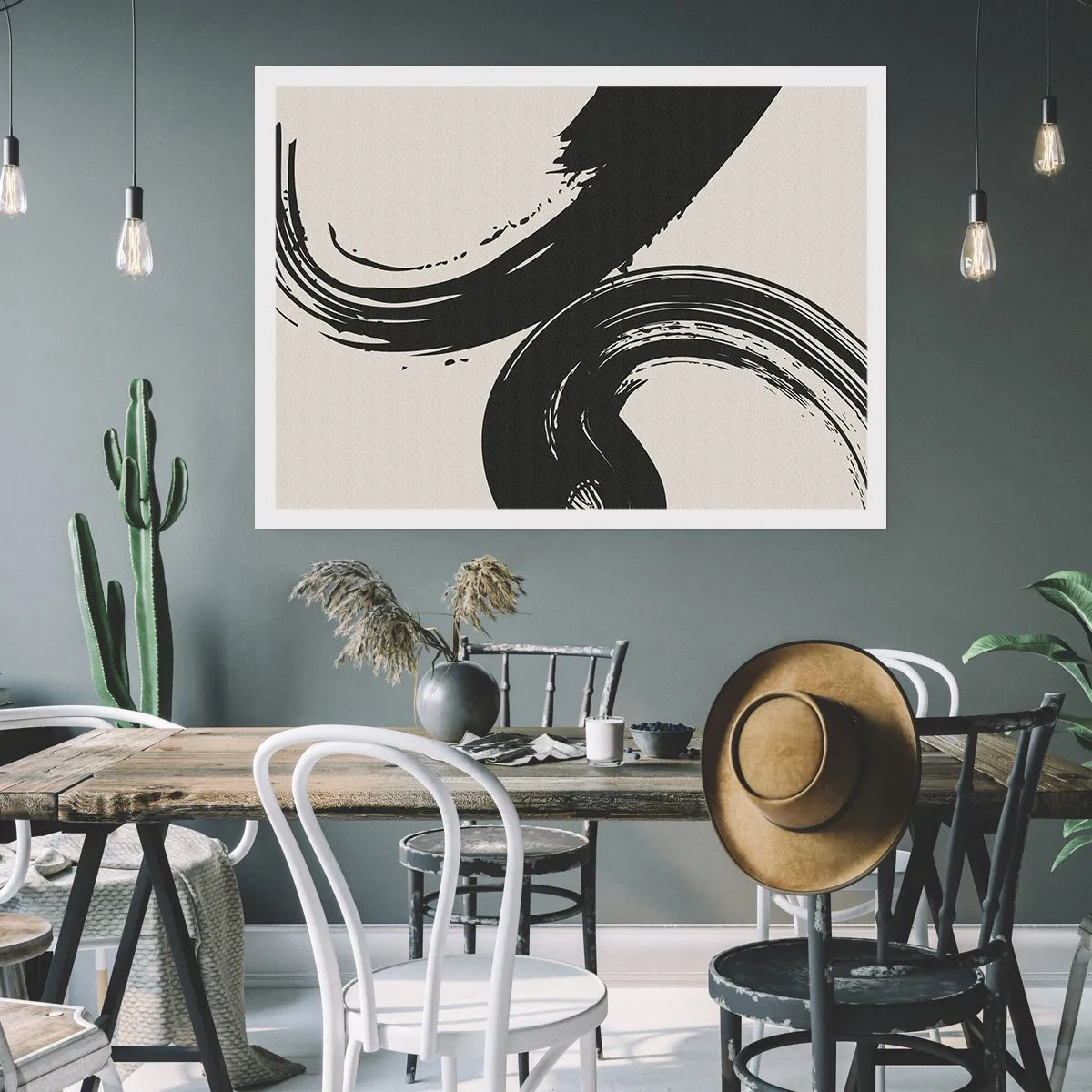 Affiche - Poster - Coups de pinceau dynamiques en noir sur fond clair - 100x70cm - Balayage circulaire - Décoration murale moderne pour le salon et la chambre ARTTOR