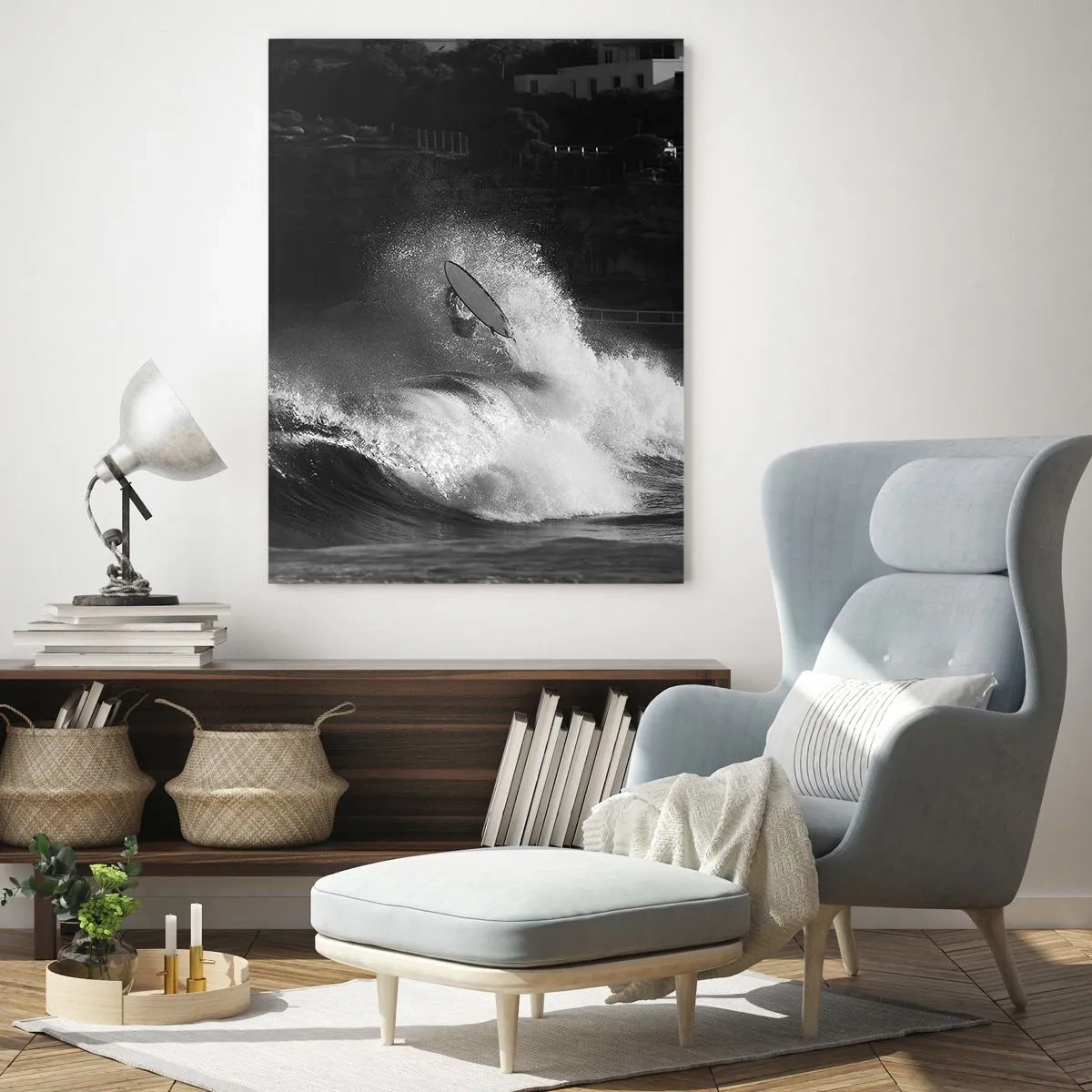 Impression sur verre - Image sur verre - Un surfeur sur une vague en monochrome - 80x120cm - Défi accepté! - Décoration murale moderne pour le salon et la chambre ARTTOR
