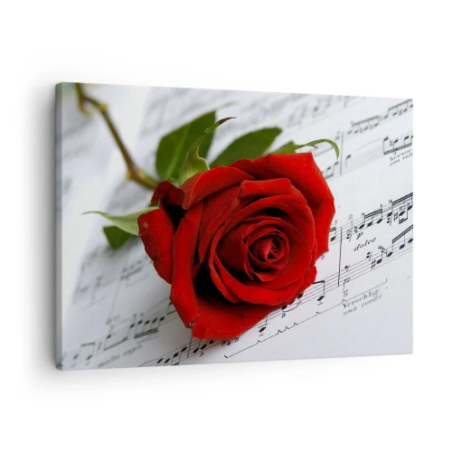 Impression sur toile - Image sur toile - Une rose rouge sur fond de notes de musique sur papier blanc. - 70x50cm - Musique des sentiments en écarlate - Décoration murale moderne pour le salon et la chambre ARTTOR