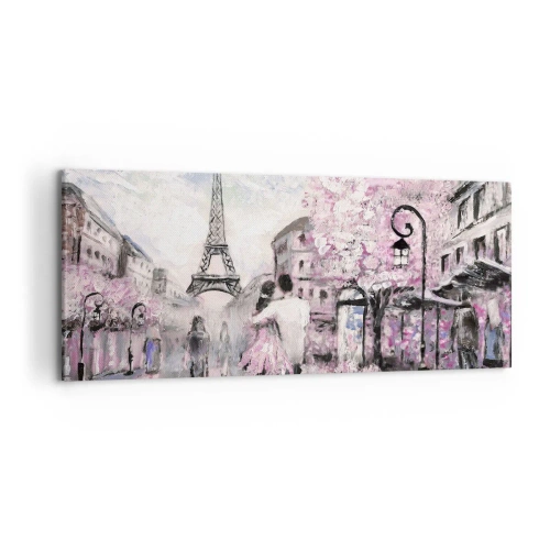 Impression sur toile - Image sur toile - Une promenade romantique à Paris près de la Tour Eiffel - 120x50cm - Comment tomber amoureu, il faut juste... - Décoration murale moderne pour le salon et la chambre ARTTOR