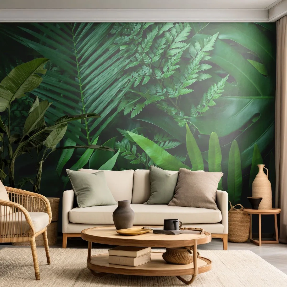 Papier Peint Photo Premium Sand - Emmitouflé de verdure - Plante exotique, Feuille de palmier, Feuille de monstre - 300x210 cm