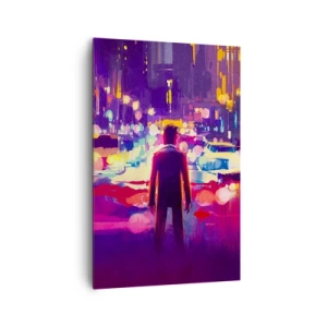 Impression sur toile - Image sur toile - Un homme dans une scène nocturne de ville au néon - 80x120cm - Immergé dans la lumière - Décoration murale moderne pour le salon et la chambre ARTTOR