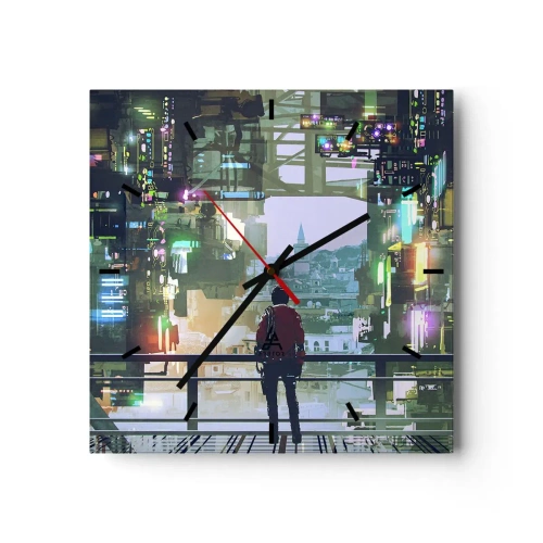 Horloge murale - Pendule murale - Une silhouette dans une ville futuriste avec des néons - 30x30cm - Deux mondes - Décoration murale moderne pour le salon et la chambre ARTTOR