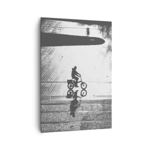 Impression sur toile - Image sur toile - Silhouette noire et blanche d'un cycliste sur une rue mouillée - 70x100cm - Devant moi, à travers la ville - Décoration murale moderne pour le salon et la chambre ARTTOR