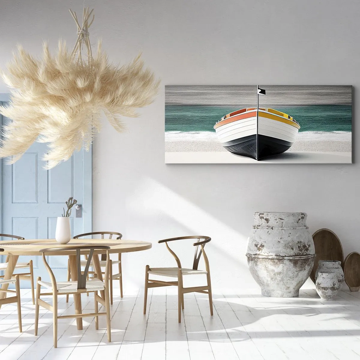 Impression sur toile - Image sur toile - Un bateau sur la plage avec une mer turquoise en arrière-plan - 120x50cm - A sa place - Décoration murale moderne pour le salon et la chambre ARTTOR