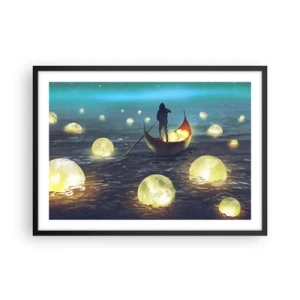 Affiche dans un cadre noir - Poster - Une silhouette dans un bateau entourée de boules lumineuses sur l'eau - 70x50cm - Des choses dont les philosophes n'ont jamais rêvé - Décoration murale moderne pour le salon et la chambre ARTTOR