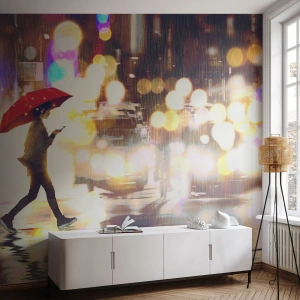 Papier Peint Photo Premium Sand - Et pourtant ensoleillé - Ville, Marcher sous la pluie, Parapluie - 150x105 cm