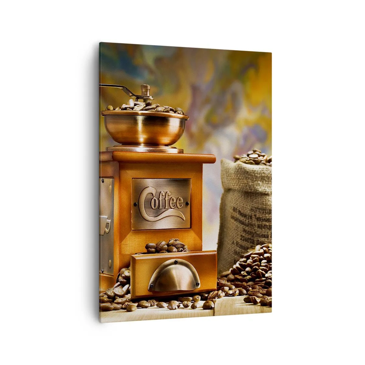 Impression sur toile - Image sur toile - Moulin à café avec des grains et une tasse en arrière-plan - 70x100cm - Le craquement des grains, le cliquetis d'un moulin - Décoration murale moderne pour le salon et la chambre ARTTOR