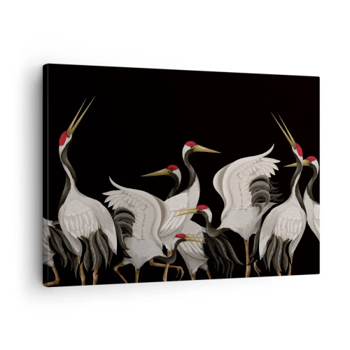 Impression sur toile - Image sur toile - Grues blanches avec des accents rouges sur fond noir - 70x50cm - Histoire d'oiseaux - Décoration murale moderne pour le salon et la chambre ARTTOR