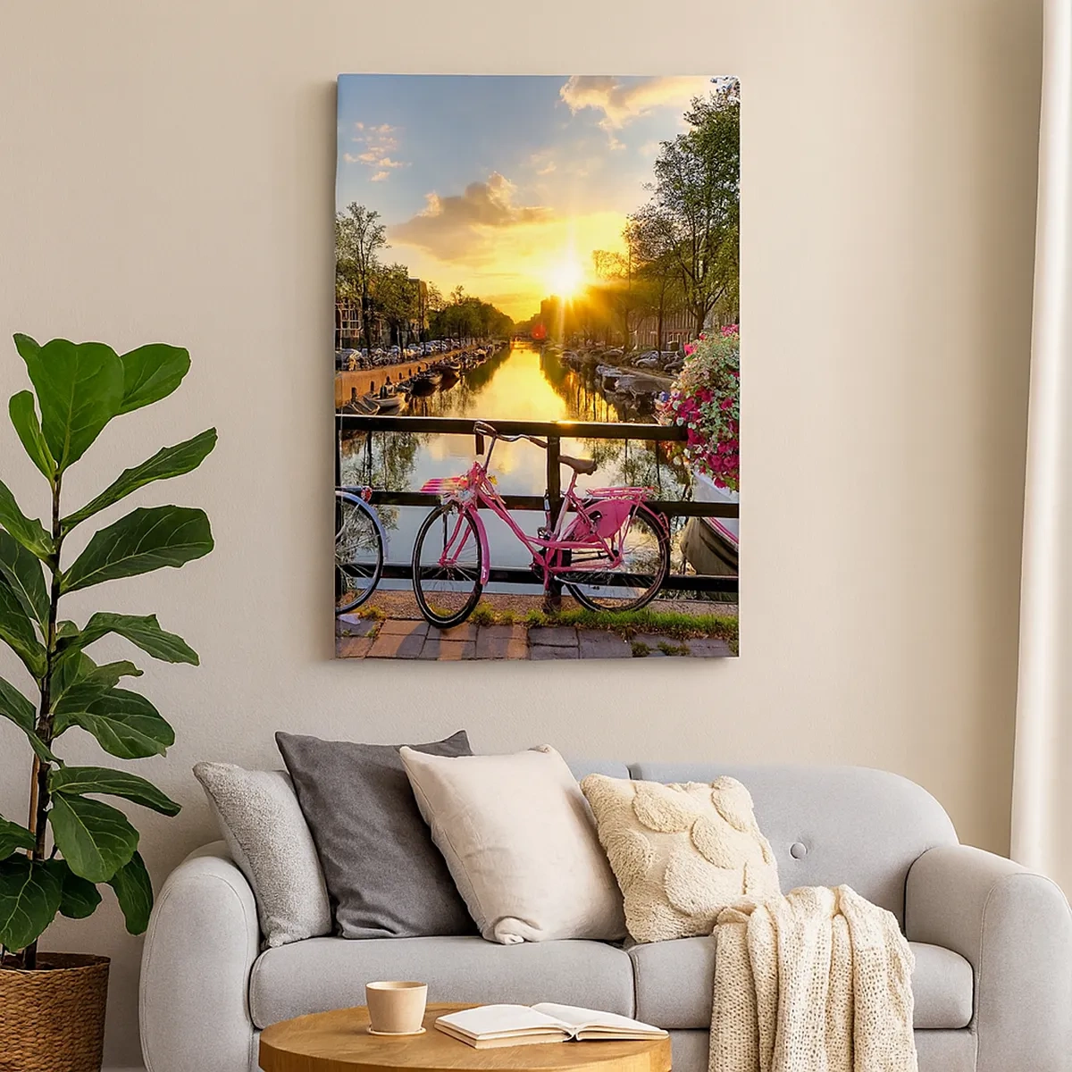 Impression sur toile - Image sur toile - Des vélos sur un pont à la lueur du soleil couchant - 50x70cm - Matin de printemps à Amsterdam - Décoration murale moderne pour le salon et la chambre ARTTOR