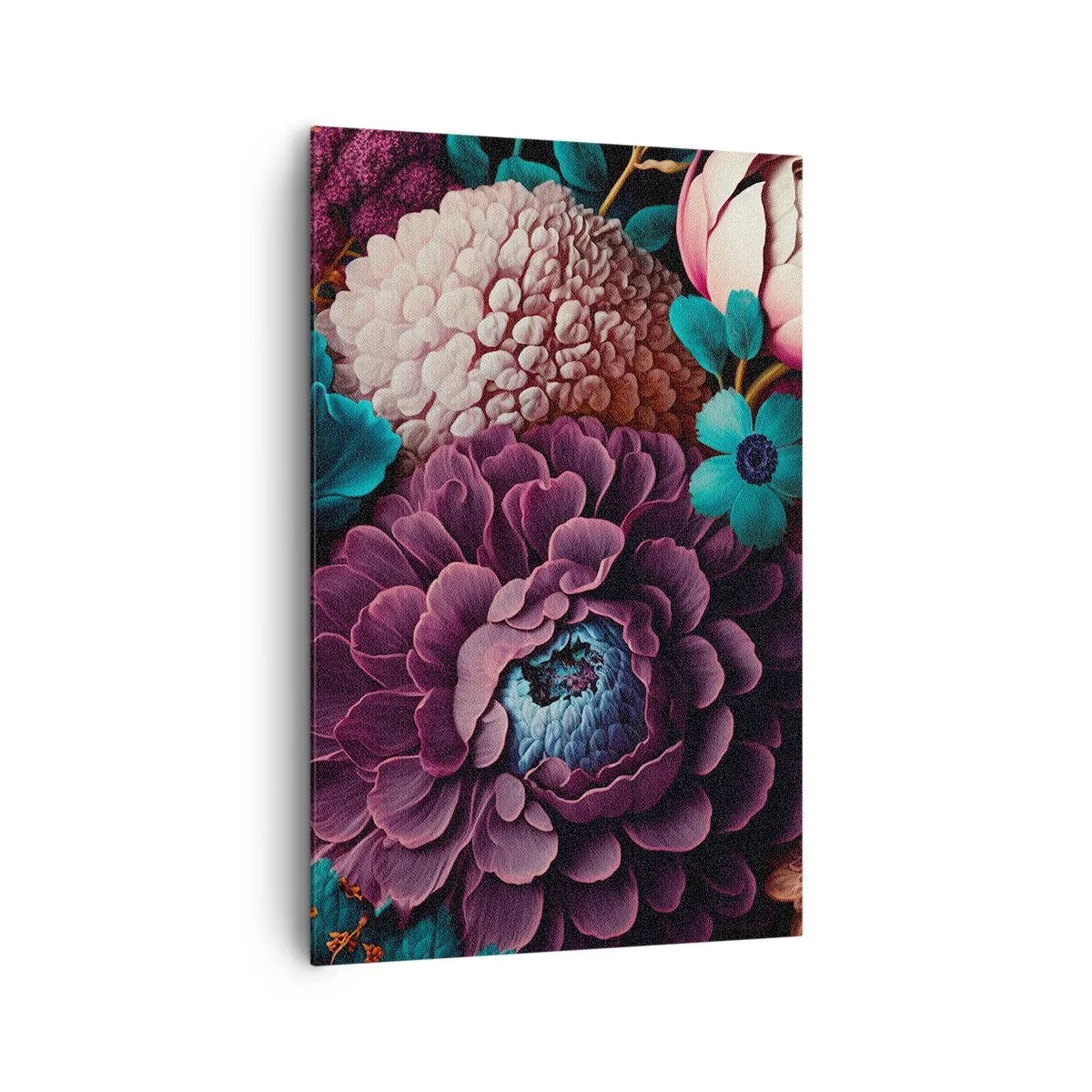 Impression sur toile - Image sur toile - Un bouquet de fleurs aux couleurs intenses sur fond sombre - 80x120cm - La nature en abondance - Décoration murale moderne pour le salon et la chambre ARTTOR