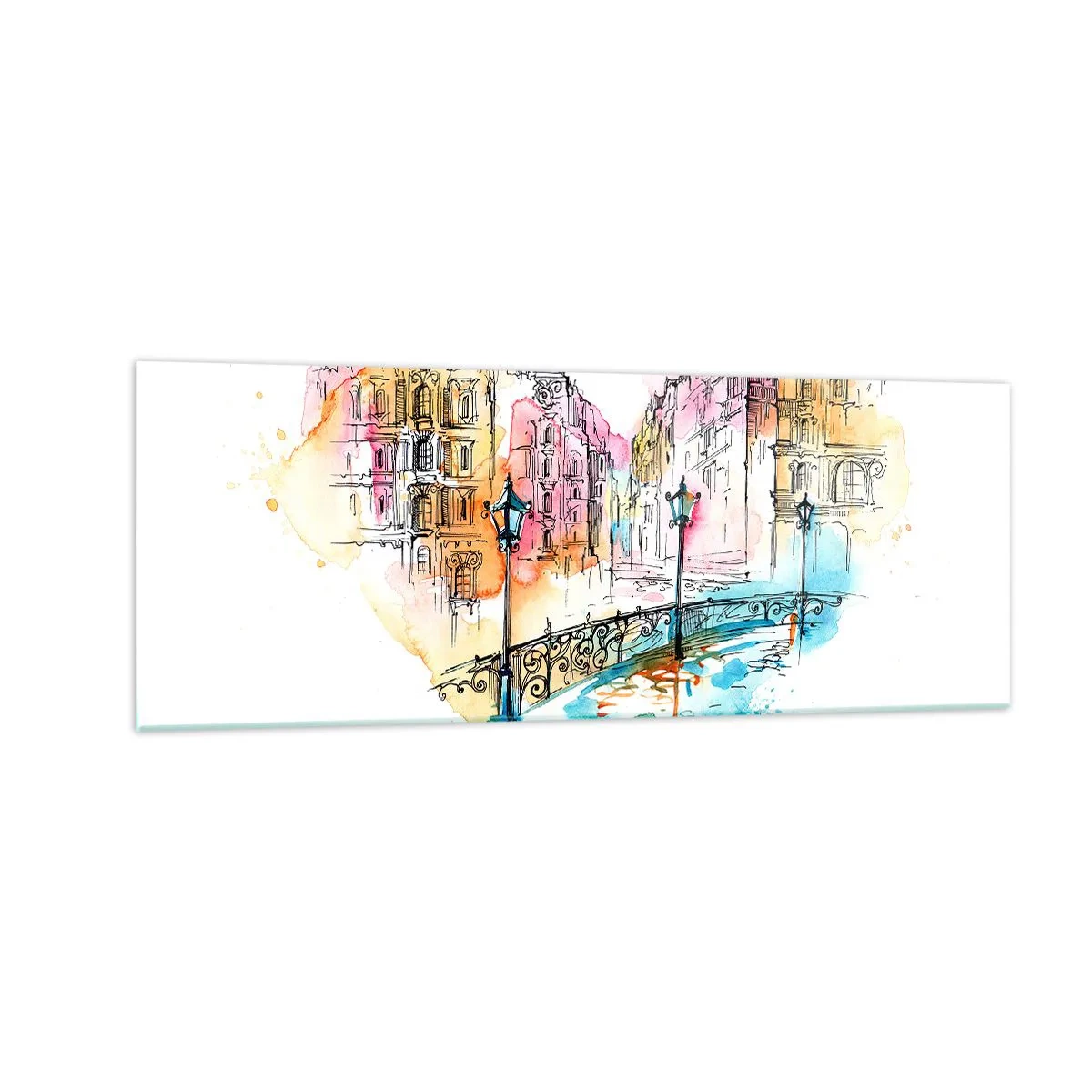 Impression sur verre - Image sur verre - Aquarelle d'un pont et de maisons en forme de cœur - 140x50cm - Le coeur de la ville - Décoration murale moderne pour le salon et la chambre ARTTOR