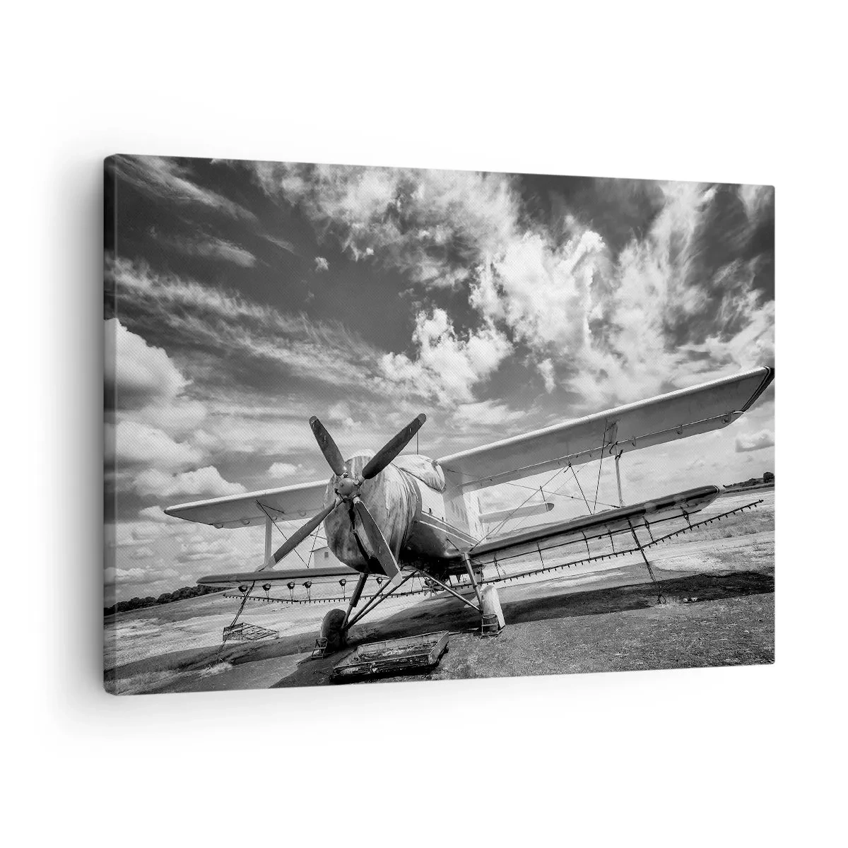 Impression sur toile - Image sur toile - Un vieil avion à l'aéroport en noir et blanc - 70x50cm - Je suis impatient! - Décoration murale moderne pour le salon et la chambre ARTTOR