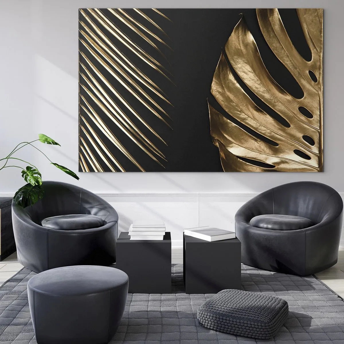 Impression sur verre - Image sur verre - Feuilles de palmier dorées et monsteras sur fond noir - 70x50cm - Différent et tout aussi cher - Décoration murale moderne pour le salon et la chambre ARTTOR